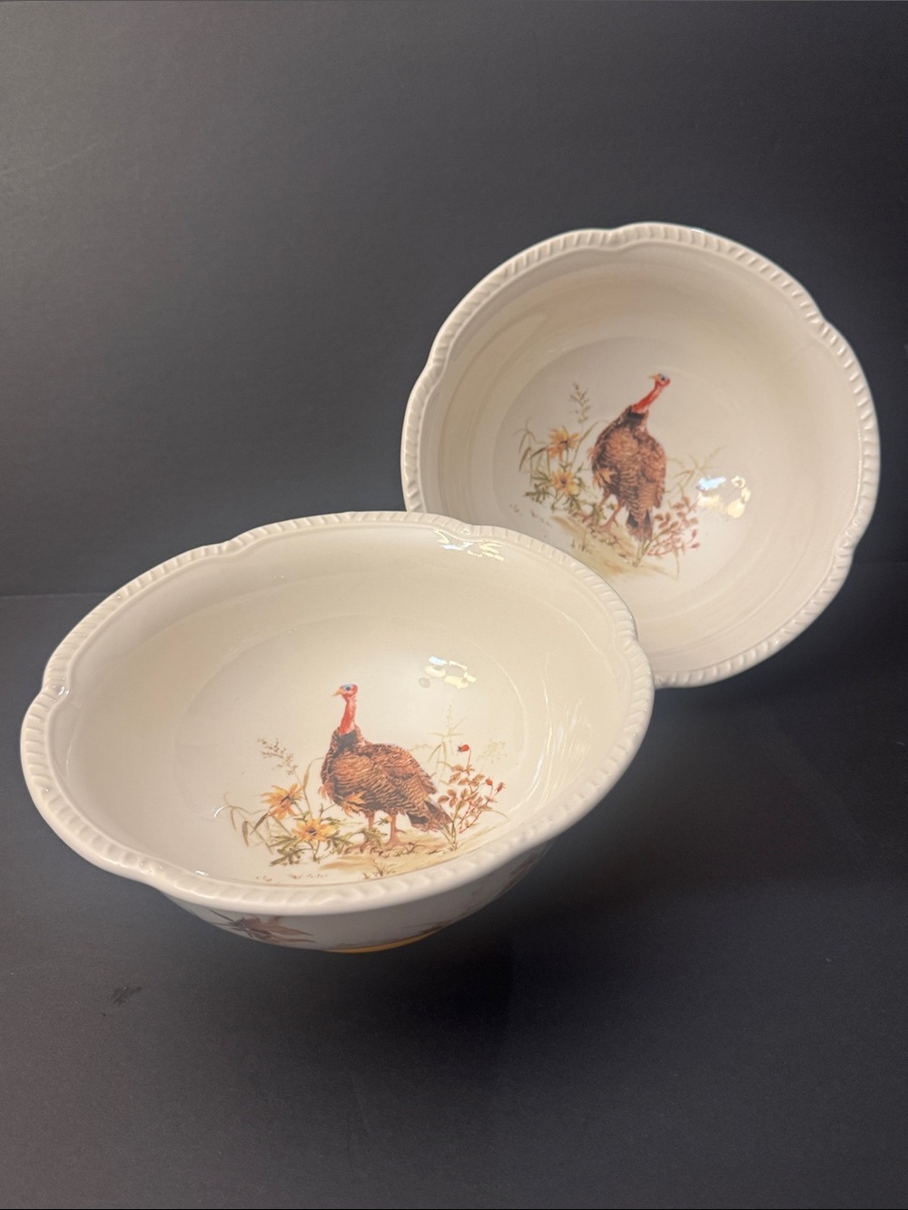 NWOT 2pc POTTER'S STUDIO Scalloped Stoneware  Fall Turkey Serving Bowl -8"x3.5"D - Picture 7 of 11